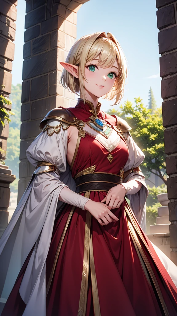 Cowboy Shot、Masterpiece、high resolution、high quality、32k、(Elf Woman、Blonde、short hair、Green Eyes、Shining silver, noble armor、Red clothing、Shoulder rest、tiny hand)、Smiling Kindly、Look up at me、Castle walls