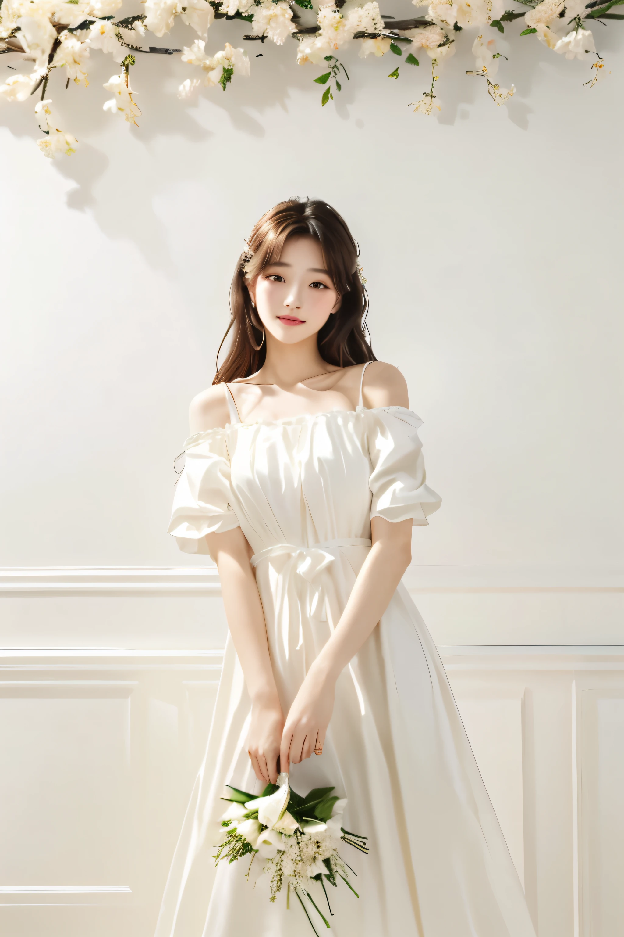 8K, (masterpiece, Highest quality:1.2), a woman in a 白い ドレス holding a bouquet of flowers, Simple Dress, Ancient white dress, light half opened dress, simple cream dress, 