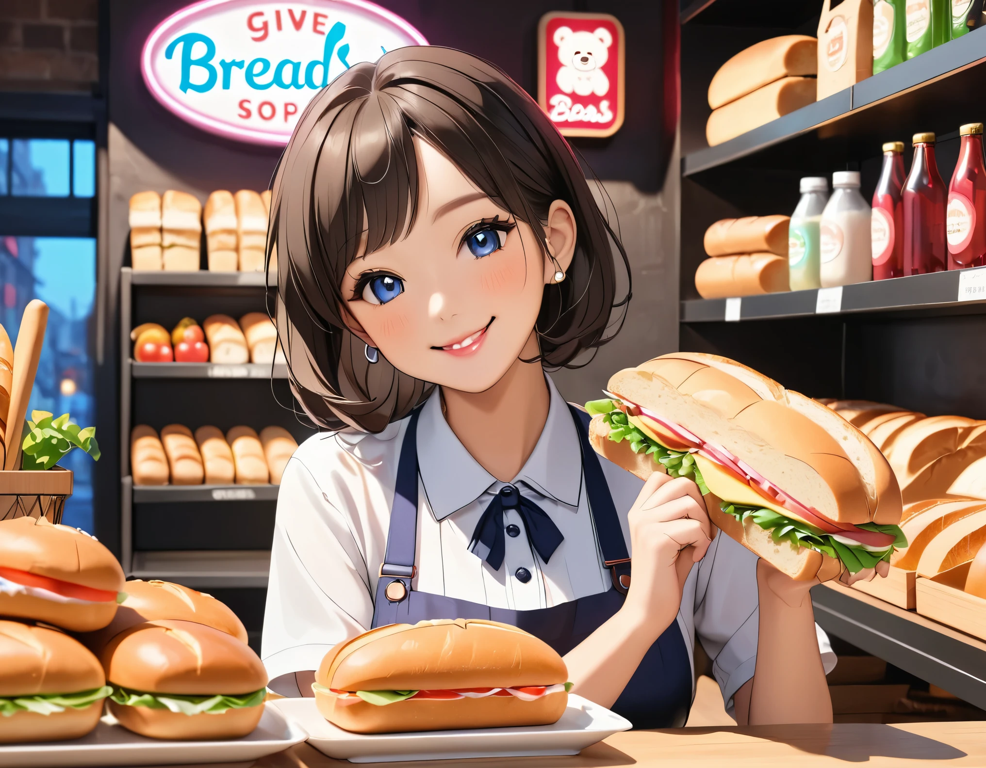 Bread店,A pretty girl,Female shop assistant,happy smile,Detailed face,制作Sandwiches,_Give,A cute bear shop sign on the wall,neon light,shelves,Bread,Sandwiches,Bottled drinks,anime,Nice background,Depth of Field,CG unity,Hand drawn style,