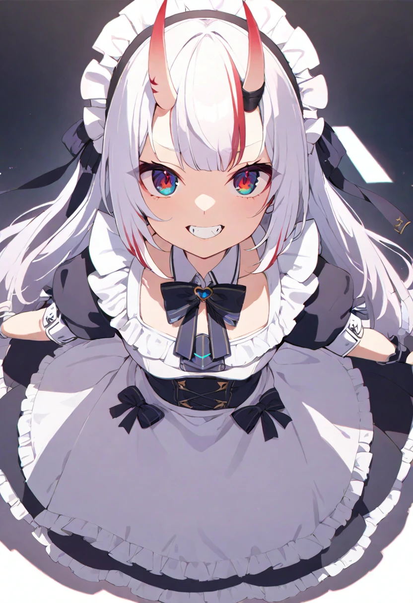 (muste piece), (best quality), very detailed eyes, expressive eyes, perfect face, very detailed face, highly detailed face, beautiful girl, 8K, beautiful girl, white background, delicate and beautiful face and eyes, dark intense shadow, 1 girl, vtuber style, cool girl, hololive, Nakiri Ayame, oni horns, maid uiform, small chest, smile wiyh teeth, white pantyhose, maid shoes, (full body), standing, 