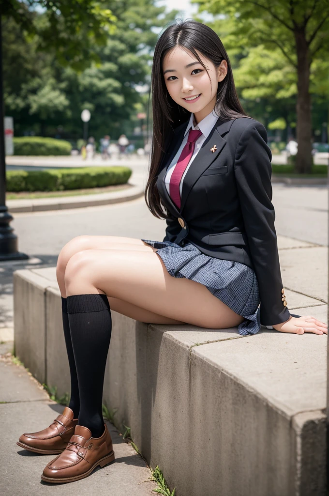 Pure Japanese school girl, sexual attractive, sweet temptation, outstanding body, beautiful legs, wearing uniform, black color high socks, loafers, panty, natural long hair, sweet smile, sitting, refreshing in early summer, park, professional portrait photography, composition from the front,