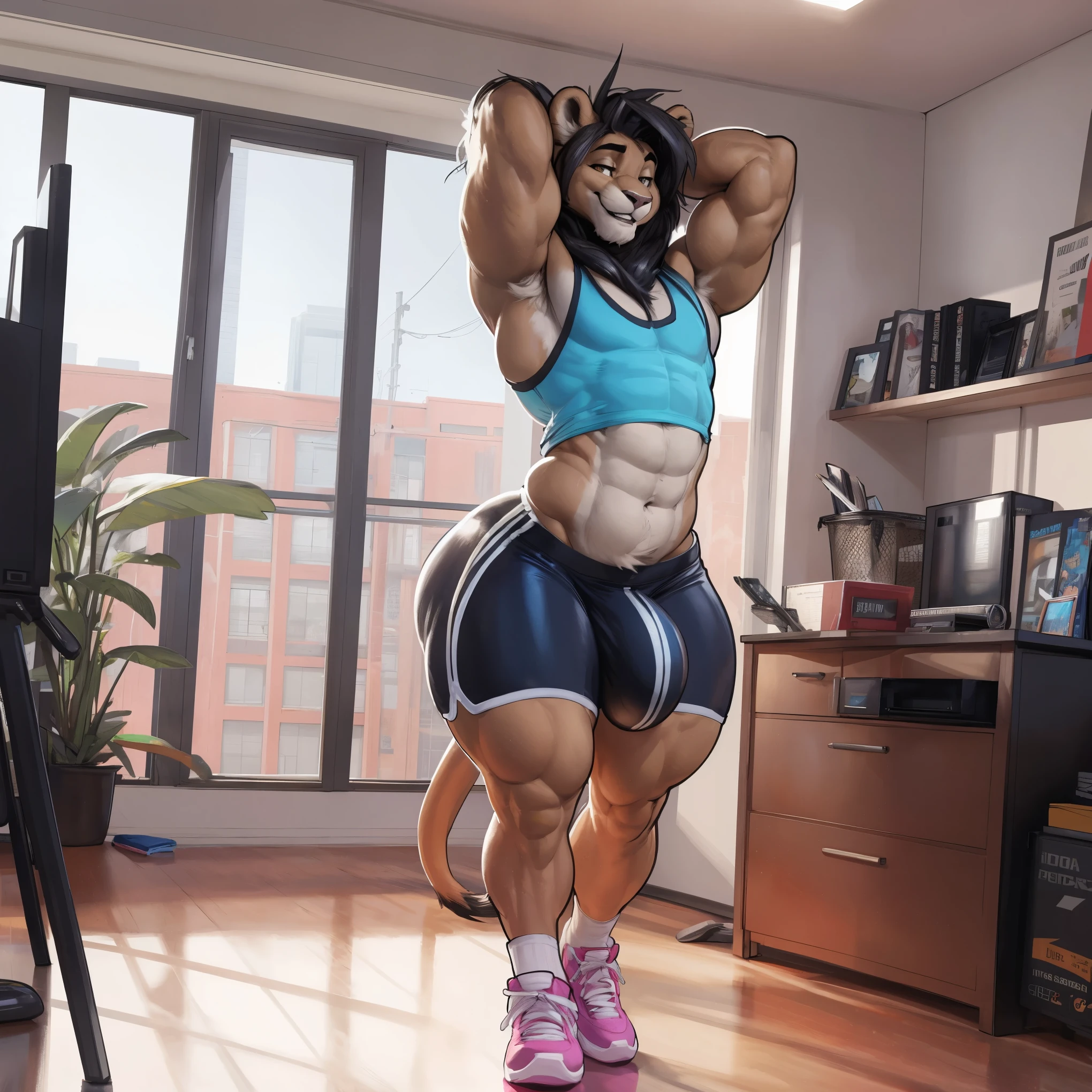 (by darkgem, by boosterpang, by duase, by BNG), solo focus, 1boy, male, lion boy, cute, girly, femboy, short boy, looking at viewer, smiling, happy, large muscular body, (hyper hips:1.3), (huge bulge), bulgeJ8, long hair, detailed eyes, lust, masterpiece, best quality, lycra shorts, white tank top, pink sneakers, standing upright, photorealistic, hyperrealistic, ultradetailed, detailed background, photo background, digital drawing (artwork), girly, bedroom eyes, (aerobics class), indoors, looking at viewer, stretching, hands behind head, (tail),