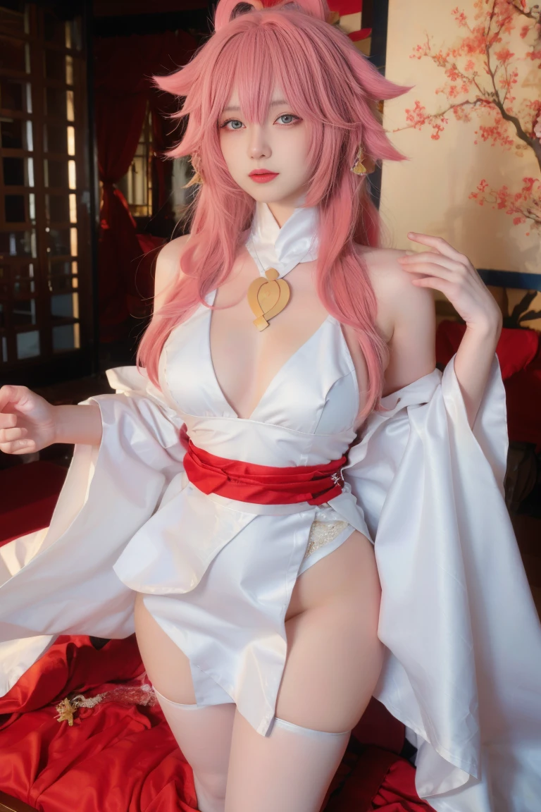 best quality, tmasterpiece,Ultra-high resolution,Clear face,(Reality:1.4),ferpect lighting,(upper body photo), (photorealistic:1.50), anime wallpaper, Guviz style artwork, cover-up fantasy up to magic , by Yang J, Guviz, beautiful artwork illustration, beautiful digital artwork, beautiful digital illustration, Li Song, beautiful anime portrait, art style in Beauvot, 1girl,独奏,medium breasts,indoors,wedding dress,white dress,white thighhighs, Animal ears, pink hair, long hair, Gold colored jewelry, (jewelry:1.3),Earring,(standing), (looking at viwer,