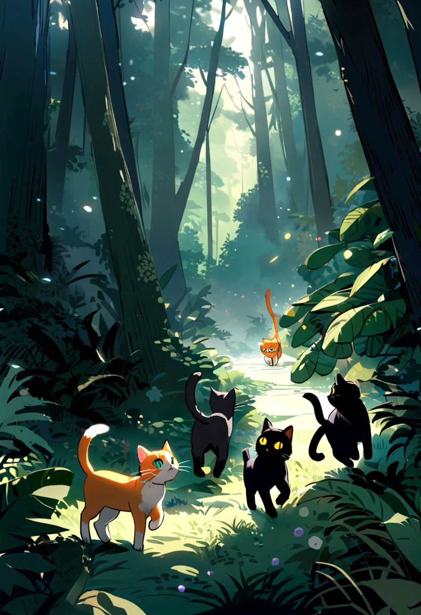 Visualize a lush, green jungle with dense foliage and tall trees. In the foreground, three kittens are playfully chasing each other. Whiskers, the orange tabby with bright green eyes, leads the      chase. Midnight, the sleek black kitten with piercing yellow eyes, follows closely behind. Snowflake, the fluffy white kitten with blue eyes, is bringing up the rear.