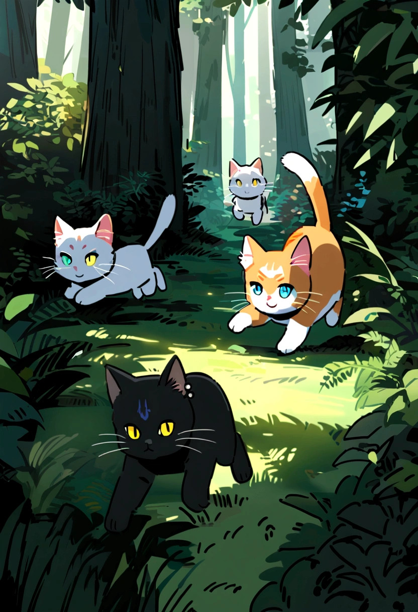 Visualize a lush, green jungle with dense foliage and tall trees. In the foreground, three kittens are playfully chasing each other. Whiskers, the orange tabby with bright green eyes, leads the      chase. Midnight, the sleek black kitten with piercing yellow eyes, follows closely behind. Snowflake, the fluffy white kitten with blue eyes, is bringing up the rear.