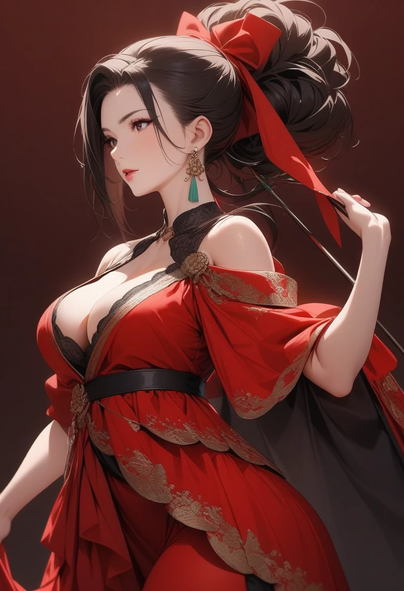 Mature women,Black long hair,Hair up,Red costume,Cleavage,Show your shoulders,,Extremely detailed,high resolution,Simple background