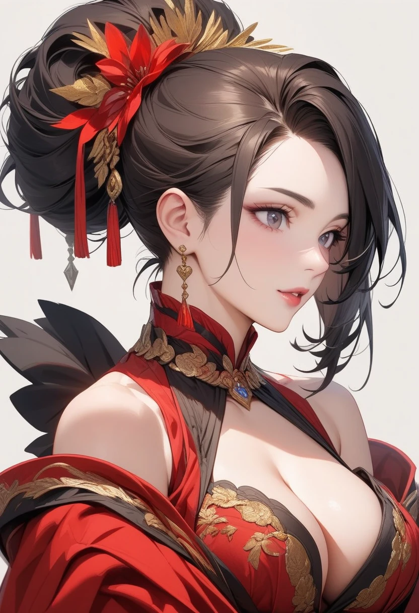 Mature women，Black long hair，Hair up，Red costume，Cleavage，Show your shoulders，，Extremely detailed，high resolution，Simple background