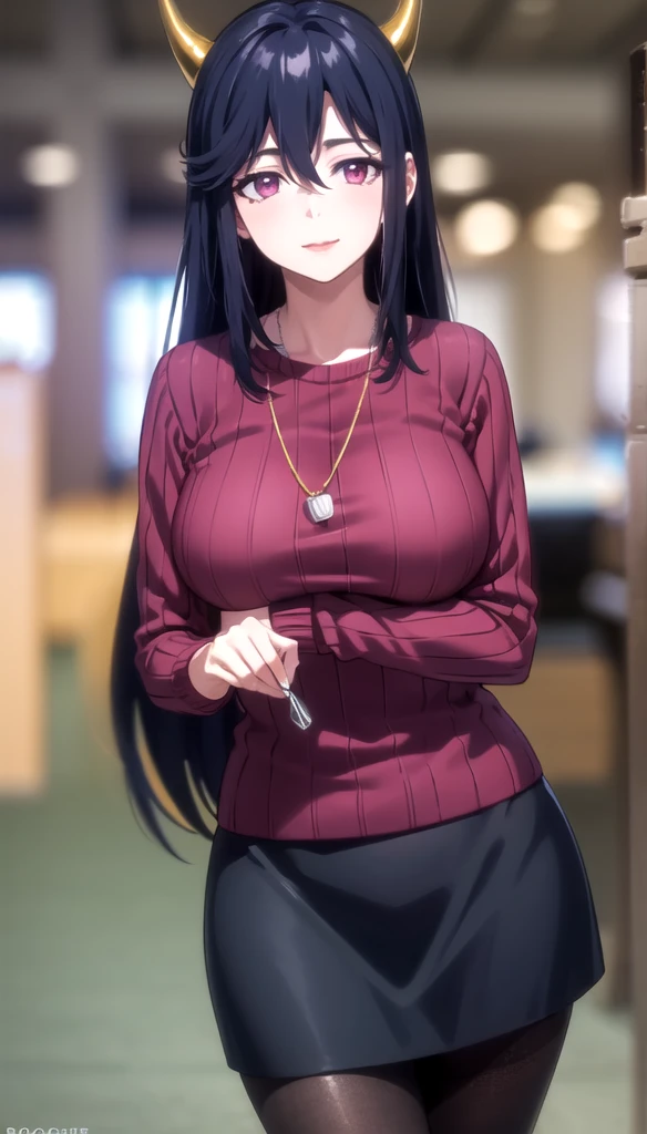 realistic, (4K), depth of field, (masterpiece), (realistic skin texture), very detailed, convoluted, very detailed, professional photography, bokeh, high resolution, sharp details, best quality, female, long hair, black hair, purple sweater, purple eyes, black skirt, hair between eyes, pantyhose,  horn pose,