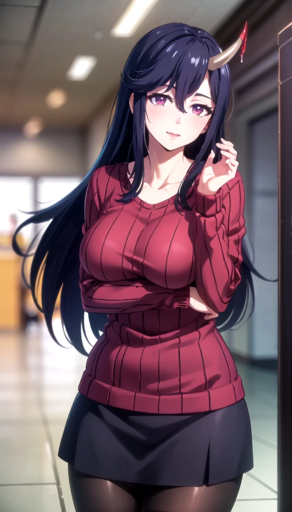 realistic, (4K), depth of field, (masterpiece), (realistic skin texture), very detailed, convoluted, very detailed, professional photography, bokeh, high resolution, sharp details, best quality, female, long hair, black hair, purple sweater, purple eyes, black skirt, hair between eyes, pantyhose,  horn pose,