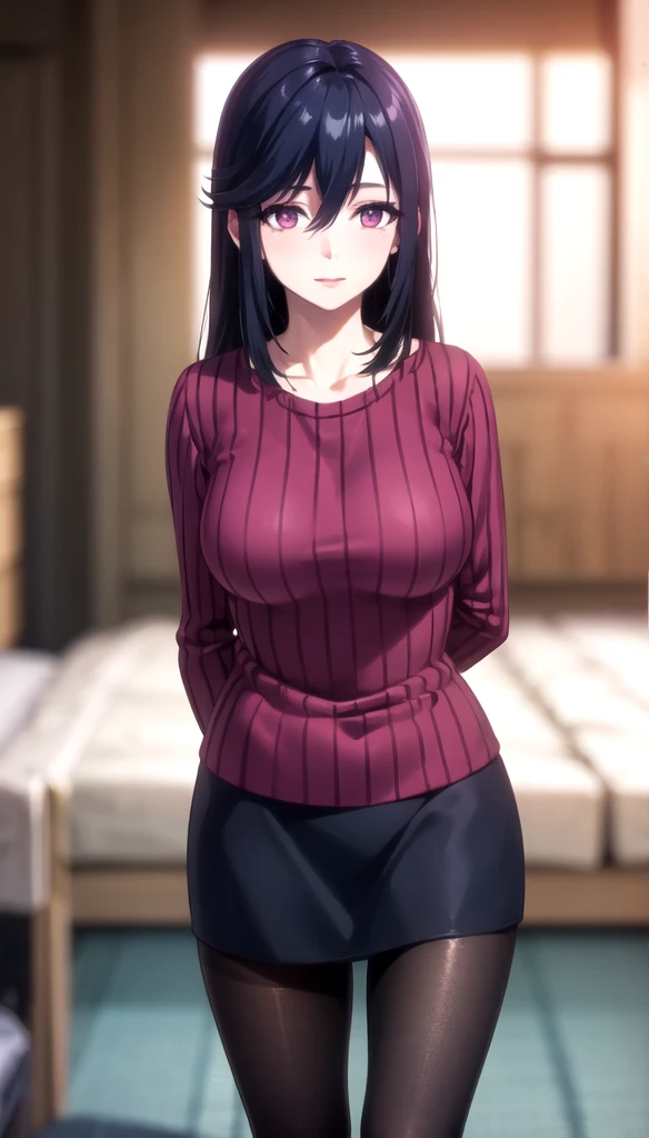 realistic, (4K), depth of field, (masterpiece), (realistic skin texture), very detailed, convoluted, very detailed, professional photography, bokeh, high resolution, sharp details, best quality, female, long hair, black hair, purple sweater, purple eyes, black skirt, hair between eyes, pantyhose,  horn pose,