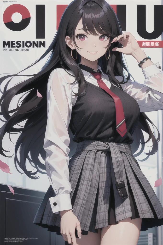 masterpiece, best quality, full body,
1girl, bangs, black choker, black necktie, blonde hair, blue skirt, blush, bracelet, breasts, choker, clothes around waist, collarbone, collared shirt, cowboy shot, dress shirt, ear piercing, eyebrows visible through hair, gradient hair, grin, gyaru, jewelry, kogal, long hair, looking at viewer, loose necktie, necktie, piercing, plaid, plaid skirt, pleated skirt, red eyes, ring, , shirt, skirt, smile, solo, white shirt,
street, sky, cherry blossoms, petals,illustration, (magazine:1.3), (cover-style:1.3), fashionable, woman, vibrant, outfit, posing, front, colorful, dynamic, background, elements, confident, expression, holding, statement, accessory, majestic, coiled, around, touch, scene, text, cover, bold, attention-grabbing, title, stylish, font, catchy, headline, larger, striking, modern, trendy, focus, fashion, big tits