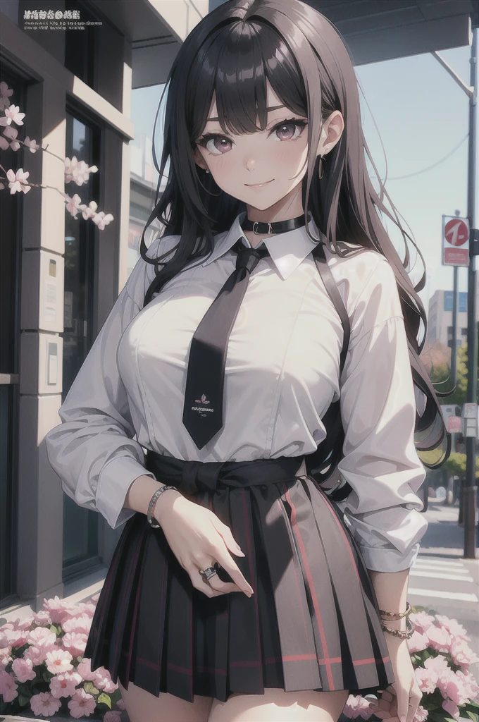 masterpiece, best quality, full body,
1girl, bangs, black choker, black necktie, blonde hair, blue skirt, blush, bracelet, breasts, choker, clothes around waist, collarbone, collared shirt, cowboy shot, dress shirt, ear piercing, eyebrows visible through hair, gradient hair, grin, gyaru, jewelry, kogal, long hair, looking at viewer, loose necktie, necktie, piercing, plaid, plaid skirt, pleated skirt, red eyes, ring, , shirt, skirt, smile, solo, white shirt,
street, sky, cherry blossoms, petals,illustration, (magazine:1.3), (cover-style:1.3), fashionable, woman, vibrant, outfit, posing, front, colorful, dynamic, background, elements, confident, expression, holding, statement, accessory, majestic, coiled, around, touch, scene, text, cover, bold, attention-grabbing, title, stylish, font, catchy, headline, larger, striking, modern, trendy, focus, fashion, big tits
