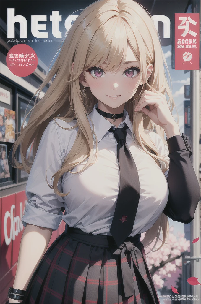 masterpiece, best quality,  full body,
1girl, bangs, black choker, black necktie, blonde hair, blue skirt, blush, bracelet, breasts, choker, clothes around waist, collarbone, collared shirt, cowboy shot, dress shirt, ear piercing, eyebrows visible through hair, gradient hair, grin, gyaru, jewelry, kogal, long hair, looking at viewer, loose necktie, necktie, piercing, plaid, plaid skirt, pleated skirt, red eyes, ring, , shirt, skirt, smile, solo, white shirt,
street, sky, cherry blossoms, petals,illustration, (magazine:1.3), (cover-style:1.3), fashionable, woman, vibrant, outfit, posing, front, colorful, dynamic, background,  elements, confident, expression, holding, statement, accessory, majestic, coiled, around, touch, scene, text, cover, bold, attention-grabbing, title, stylish, font, catchy, headline, larger, striking, modern, trendy, focus, fashion, big tits