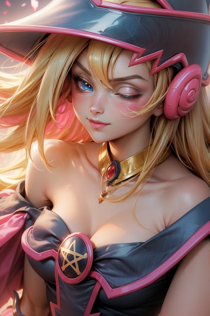 Beautiful face of dark magician gils, blue eyes. pink lips. Long blonde hair. exposed shoulders, angelic smile, beautiful well detailed face of dark magician gils. blowing a kiss. sexy kiss