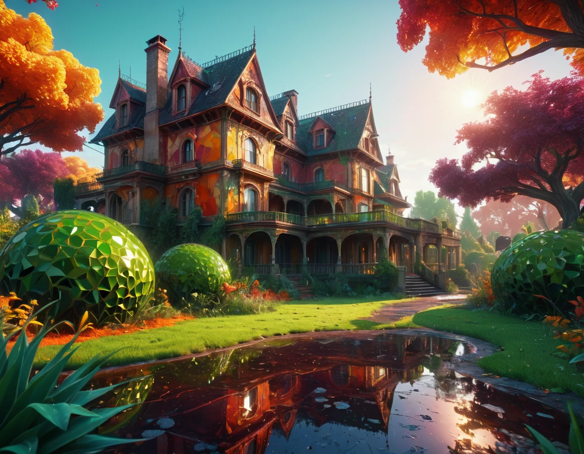 Abandoned and dilapidated mansion in a suburban neighborhood, elegantism, insane detail, lighty and shiny beautiful voronoi swirl light chaotic vivid bold surreal landscape,dew,Reflective Organic 3D HD, [{one}({liquid plasma with {orange white brown green red ligh-red maroon yellow glossy topaz}plasma)[::2,expansive psychedelic background,realistic 4k ultra detailed, sharp focus,vibrant colors,high saturation,high contrast,very high resolution,Unreal Engine,HDR,8k,masterpiece,best quality