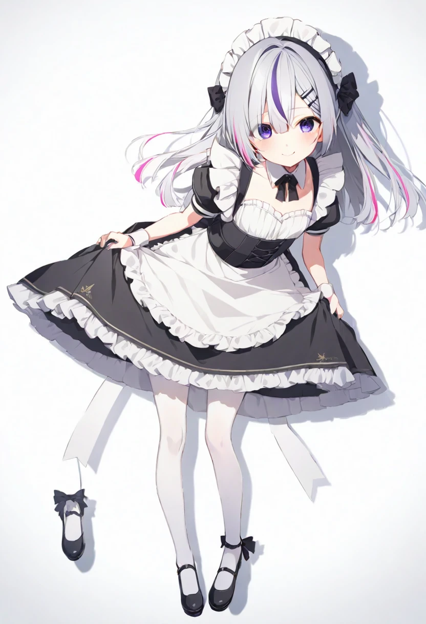 (muste piece), (best quality), very detailed eyes, expressive eyes, perfect face, very detailed face, highly detailed face, beautiful girl, 8K, beautiful girl, white background, delicate and beautiful face and eyes, dark intense shadow, 1 girl, vtuber style, cool girl, hololive,  amane kanata, streaked hair, short grey hair, maid uiform, small chest, smile, white pantyhose, maid shoes, (full body), standing, 