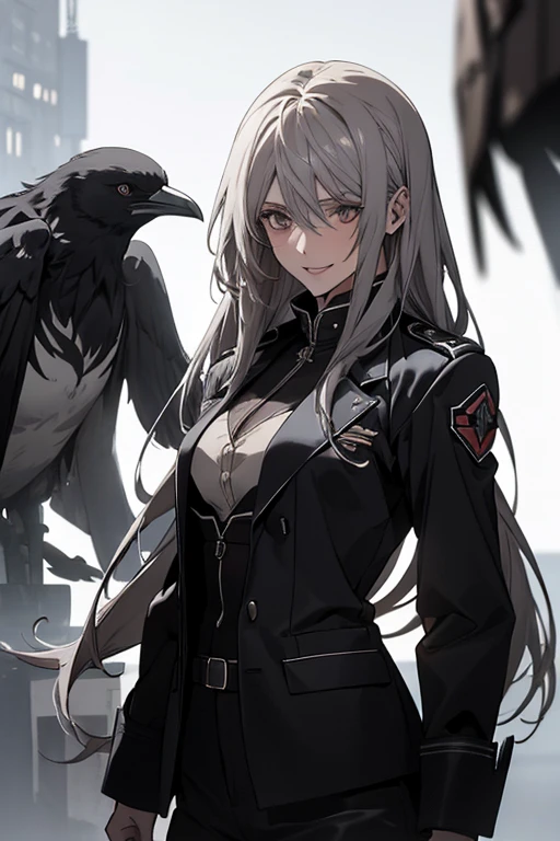 (Confused, High resolution, Very detailed), 1 female, Silver Hair,Long Hair,Reddish brown eyes,black pilot jacket,Black and white suit,20th generation,Beautiful woman,A shy smile,thin,Are thin,quiet,Calm,Carrying a white crow,Accompanied by many white crows,