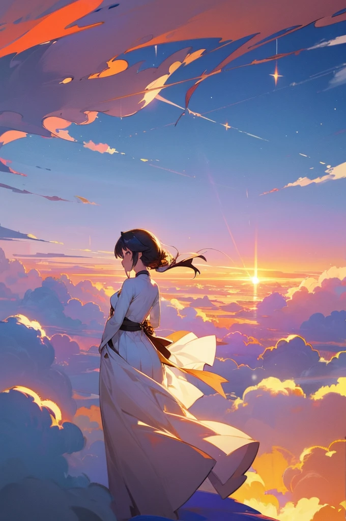 female、beautiful、White Dress、evening、Above the Clouds、Back view、Sunset、流れ星