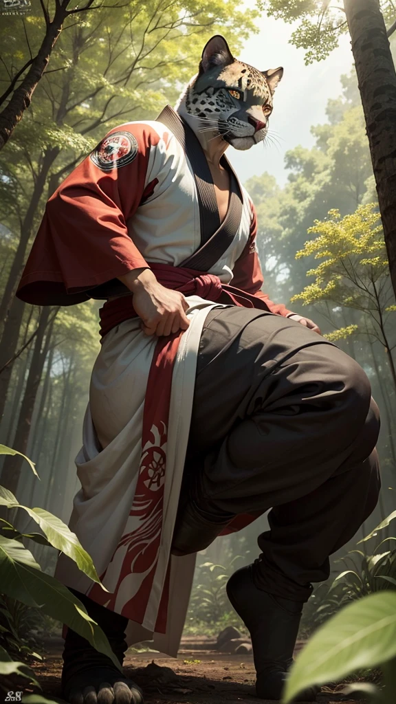 Photo of a male jaguar standing, saindo de dentro da mata, with leaves and branches of trees still covering their faction, The jaguar is an alpha male that comes out of the leaves, pushing with their front paws the leaves that hinder their vision, That male jaguar, She appears to have almost unearthly physical strength and is dressed in a white jiujitusu kimono with a black and red warrior emblem on the upper left side of the gi, This jaguar is in slow motion and attack, Coming my way, um olhar penetrante que chega a dar arrepios no seu oponente, A look from someone who wants to do a Jiu Jitsu submission move.