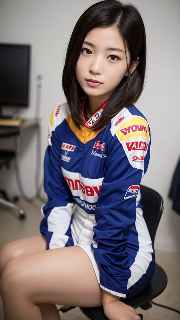 girl 18-year-old Hairstyle Casual, wearing racing suit in pit room sit on chair