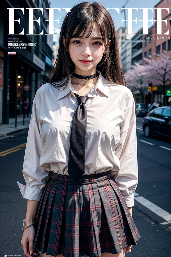 masterpiece, best quality,  full body,
1girl, bangs, black choker, black necktie, blonde hair, blue skirt, blush, bracelet, breasts, choker, clothes around waist, collarbone, collared shirt, cowboy shot, dress shirt, ear piercing, eyebrows visible through hair, gradient hair, grin, gyaru, jewelry, kogal, long hair, looking at viewer, loose necktie, necktie, piercing, plaid, plaid skirt, pleated skirt, red eyes, ring, , shirt, skirt, smile, solo, white shirt,
street, sky, cherry blossoms, petals,illustration, (magazine:1.3), (cover-style:1.3), fashionable, woman, vibrant, outfit, posing, front, colorful, dynamic, background,  elements, confident, expression, holding, statement, accessory, majestic, coiled, around, touch, scene, text, cover, bold, attention-grabbing, title, stylish, font, catchy, headline, larger, striking, modern, trendy, focus, fashion