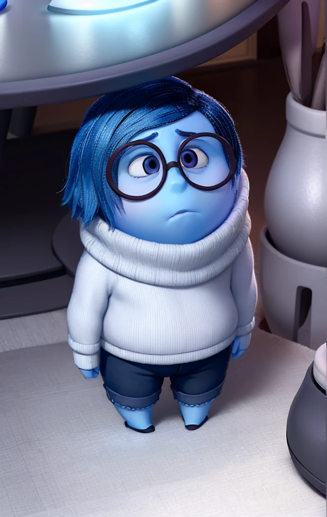 masterpiece, best quality, (Sadness_InsideOut , white turtleneck, black-framed eyewear, glasses, sadness ), colored glowing spheres, pixar, cartoon, 3d render, sfw,