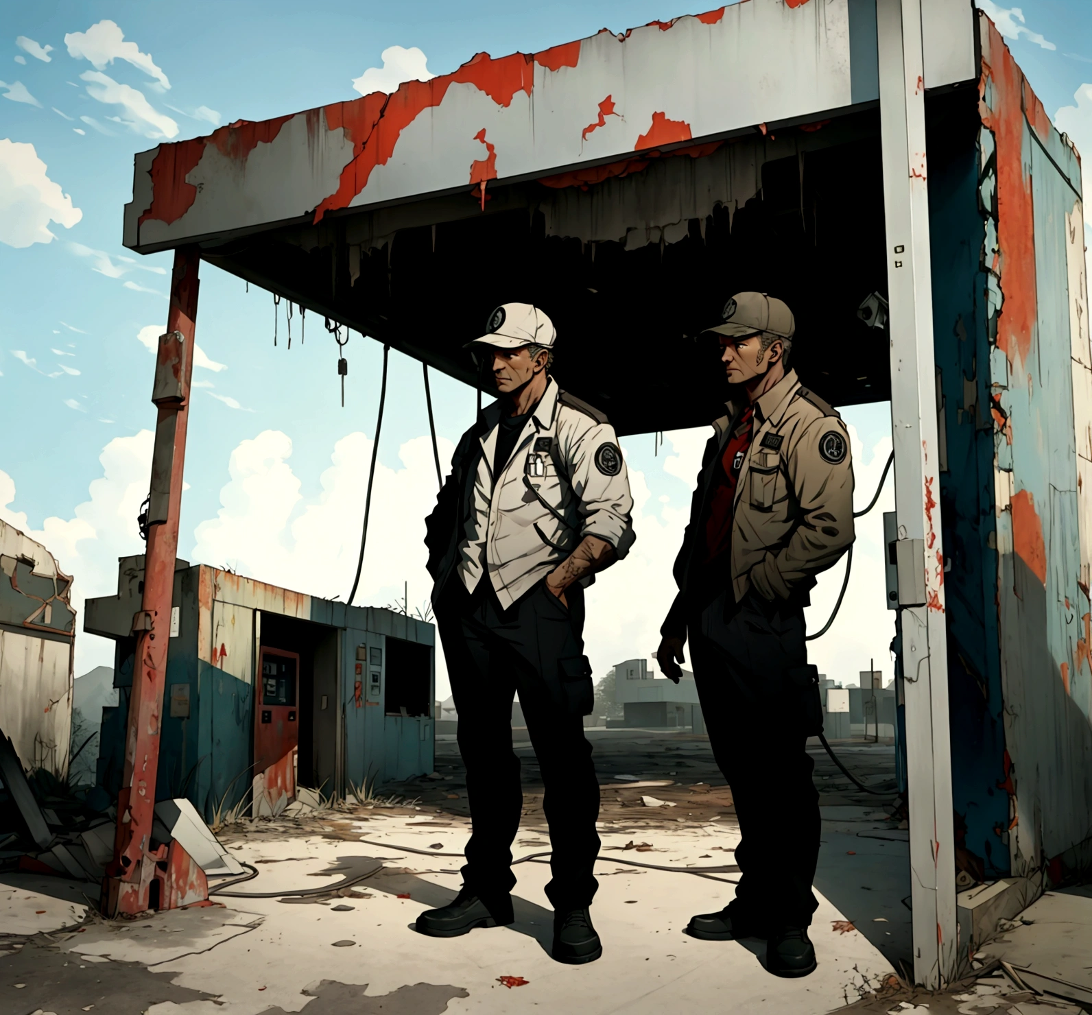 both standing in an abandoned gas station