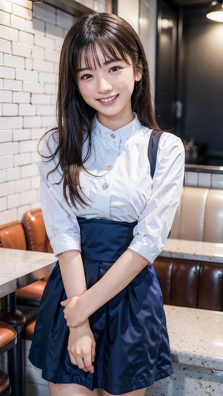 (One Girl:1.3), Japanese high school students, Great face and eyes, Looking into the camera,Shyness、 (Highest quality:1.4), Very detailed CG 統合 8k 壁紙, Very detailed, High-resolution RAW color photos, Professional photography, Realistic full body shot, Studio shot、Plain Wallpaper, Sexy Girls, Open appearance, (Look down, Display in viewer:1.0), (From below:1.0),Thighs、1 female,blonde,Age 25,((Blushing、Laughing with your mouth open)),(((Straight hair))),(((Portraiture))),((waitress uniform)),restaurant,((Large Breasts)),