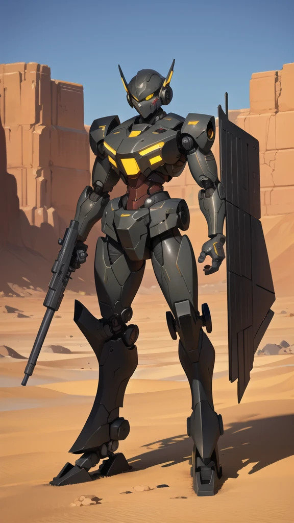 Full body war robot with yellow eyes and ruined background. Desert