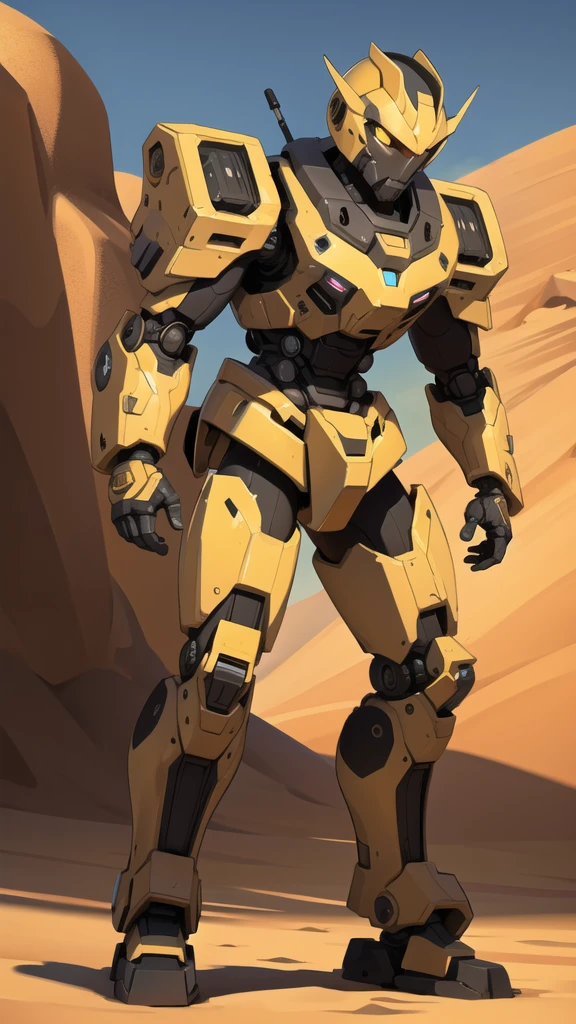 Full body war robot with yellow eyes and ruined background. Desert