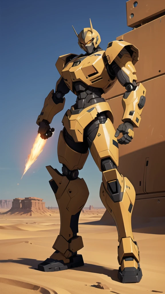 Full body war robot with yellow eyes and ruined background. Desert