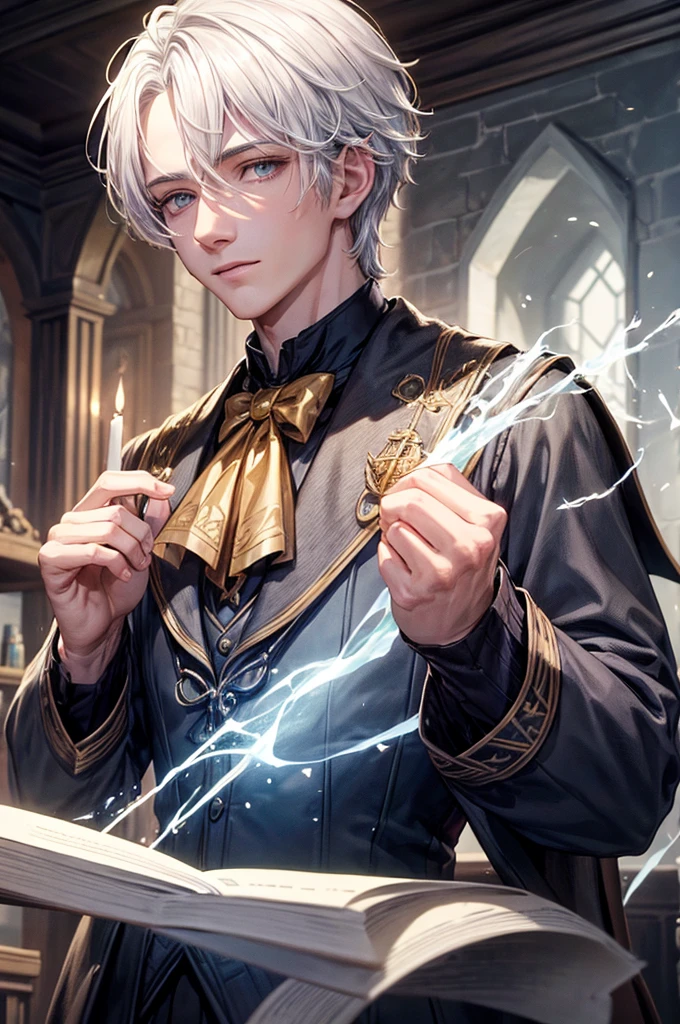 Handsome young man with magic from Hogwarts School of Magic, white hair, lives in Hufflepuff House.