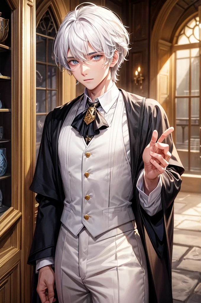 Handsome young man with magic from Hogwarts School of Magic, white hair, lives in Hufflepuff House.