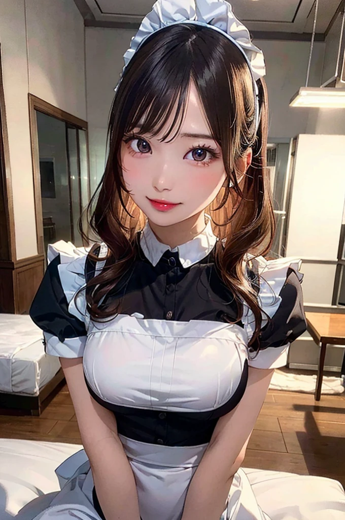 (seductive smile), (((24yo, gyaru))), masterpiece, (((wearing tight maid uniform)), (allfours), ((large breasts)), ((large hip)), (shiny skin), ((skindentation)), photorealistic, realistic, solo, photorealistic, best quality, ultra high res, YuraS, bed, parted lips, beautiful, masterpiece, best quality, extremely detailed face, perfect lighting, ultra high res, ultra detailed