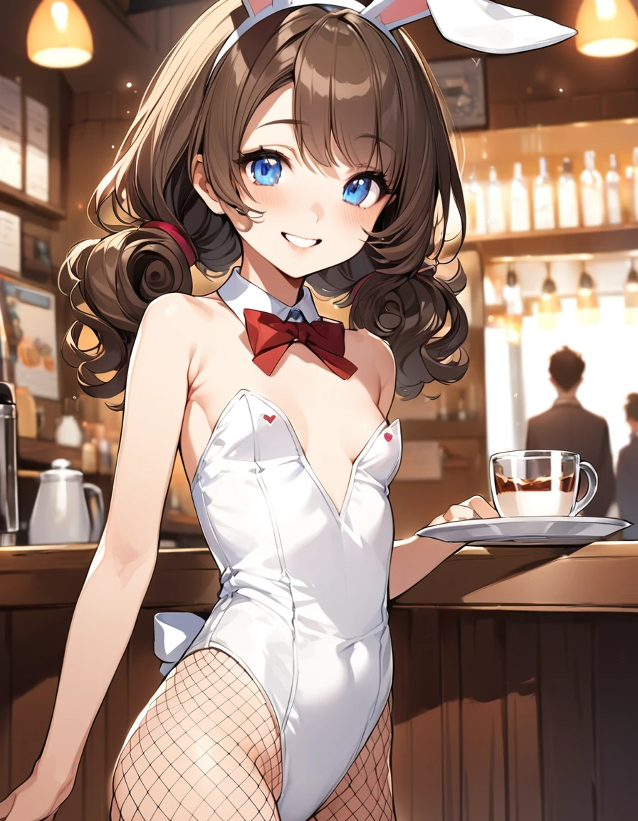 (Top quality illustrations:1.2), (pretty girl:1.1), (1 girl、、Top quality illustrations:1.2), (1 girl、smile、Small breasts、blue eyes)、Dark brown hair、short hair、Wavy Hair、Curly Hair、Low Twintails、Waitress in a café、Bunny ears、Small breasts、White leotard、Fishnet tights、