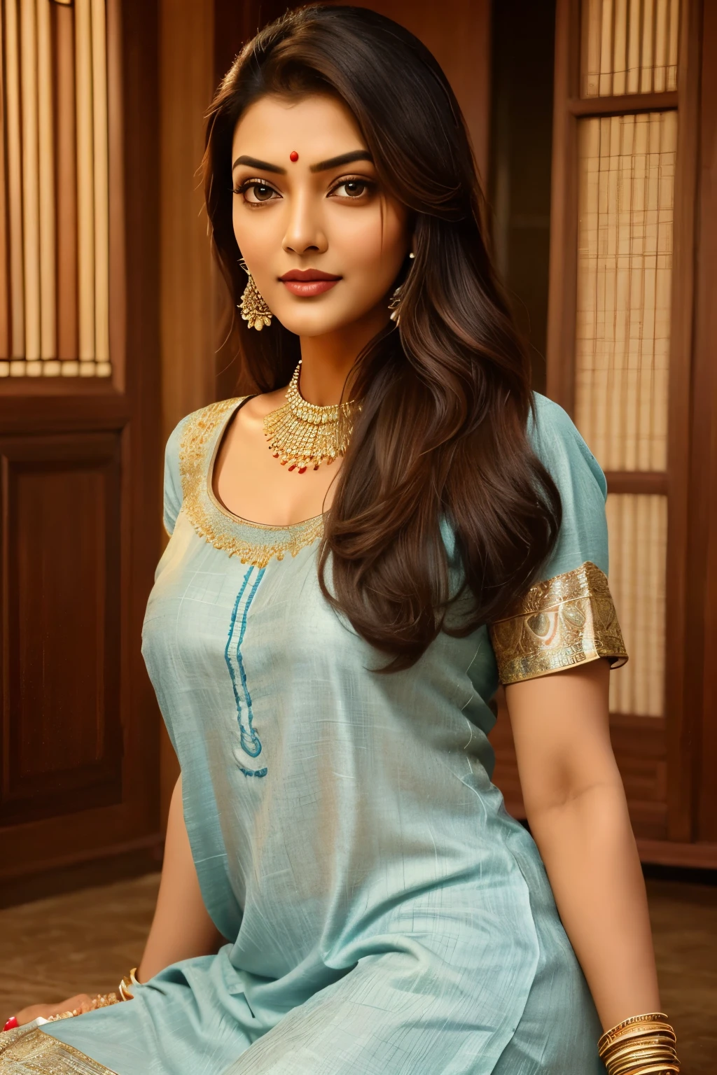 A Indian religious beautiful girl 
Wearing kurti paijama
Eyes are like sushmitha sen nose is like Madhuri Dixit and lips are like sushmitha sen 
Breast size 34