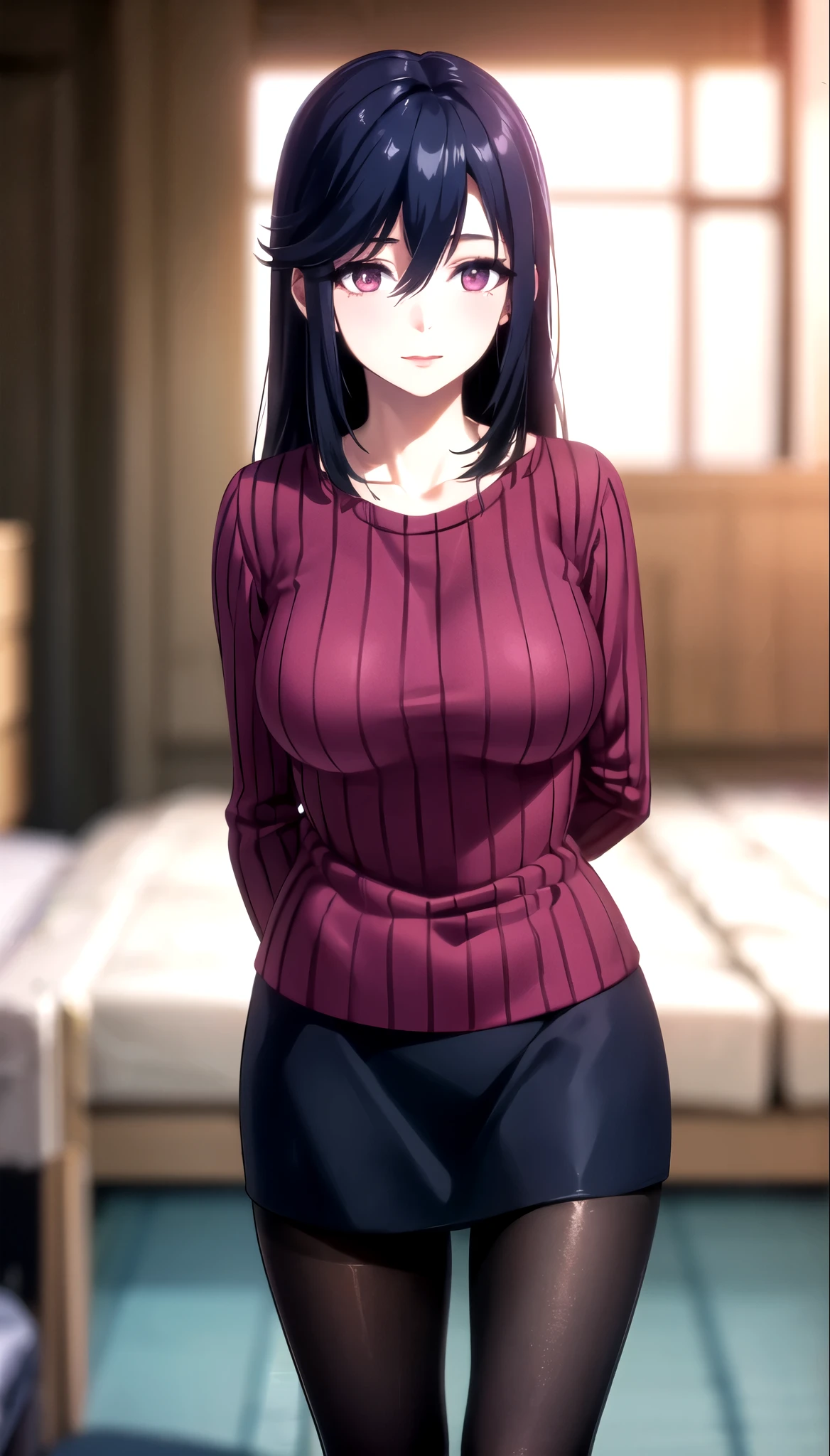 realistic, (4K), depth of field, (masterpiece), (realistic skin texture), very detailed, convoluted, very detailed, professional photography, bokeh, high resolution, sharp details, best quality, female, long hair, black hair, purple sweater, purple eyes, black skirt, hair between eyes, pantyhose,  horn pose,