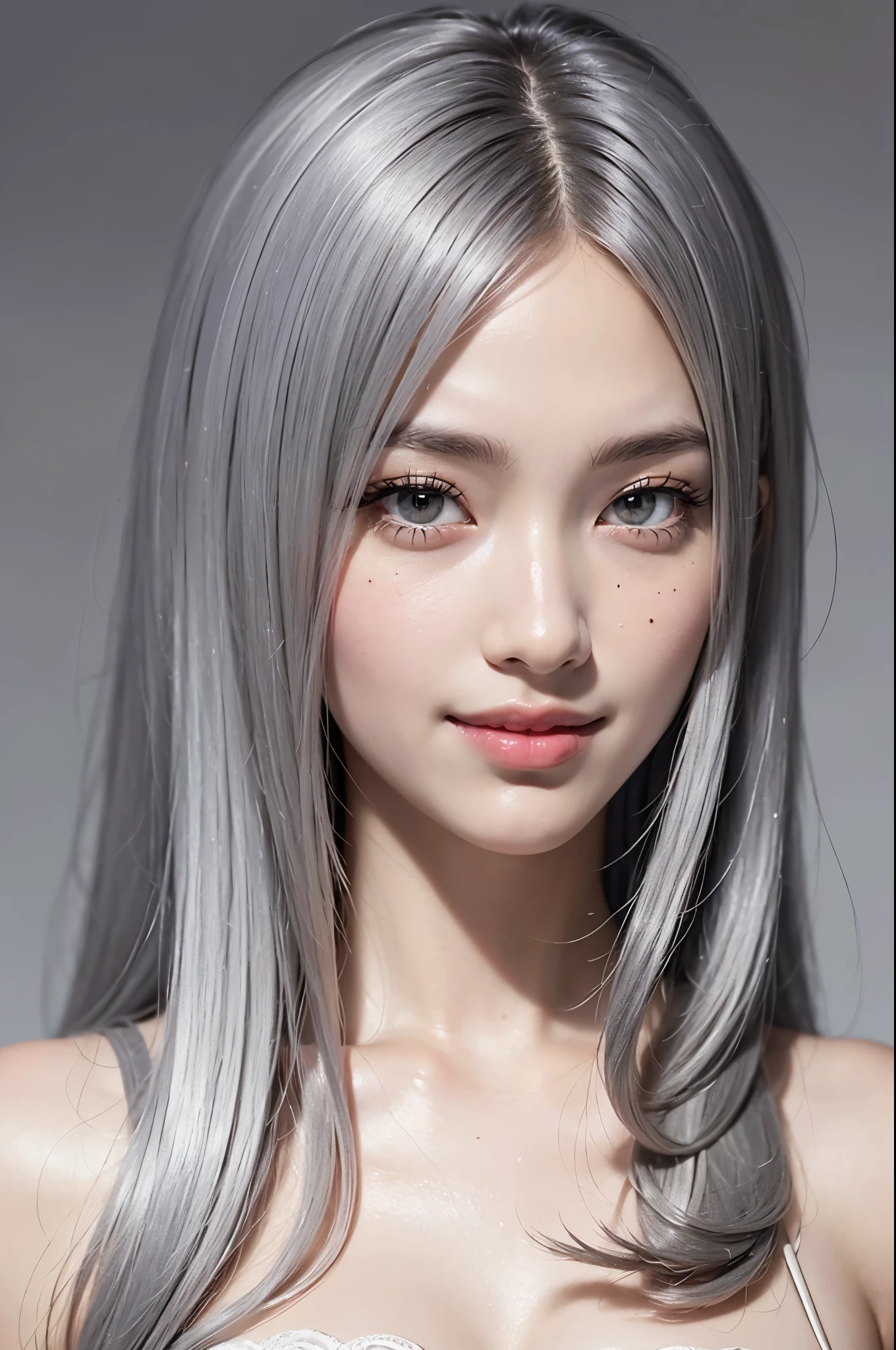 Realistic, masterpiece, Highest quality, Highest Resolution, (Gray blank background:1.3), (1girl:1.3), Photographed from the waist up, 20-year-old, Sharp Eyes, Grinning, Slightly to the side, (Beautiful narrow eyes, (Iris:1.2)), (Hidden eyelid wrinkles:1.2), Thin eyebrows, Draw eyelashes carefully, Natural Makeup, (Long Hair, Straight Hair, Silver Hair)