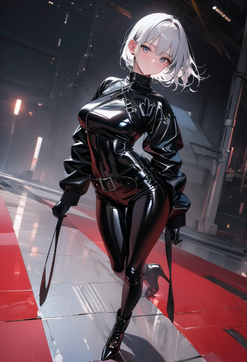 1girl, ((she wears (fetish clothing, rubber clothes, black latex bodysuit with straps and belts, long white latex gloves with straps, latex high heels), (masterpiece, best quality, 8K:1.3), (ultra-detailed, high resolution:1.2),(illustration),((an extremely delicate and beautiful)),(detailed background),