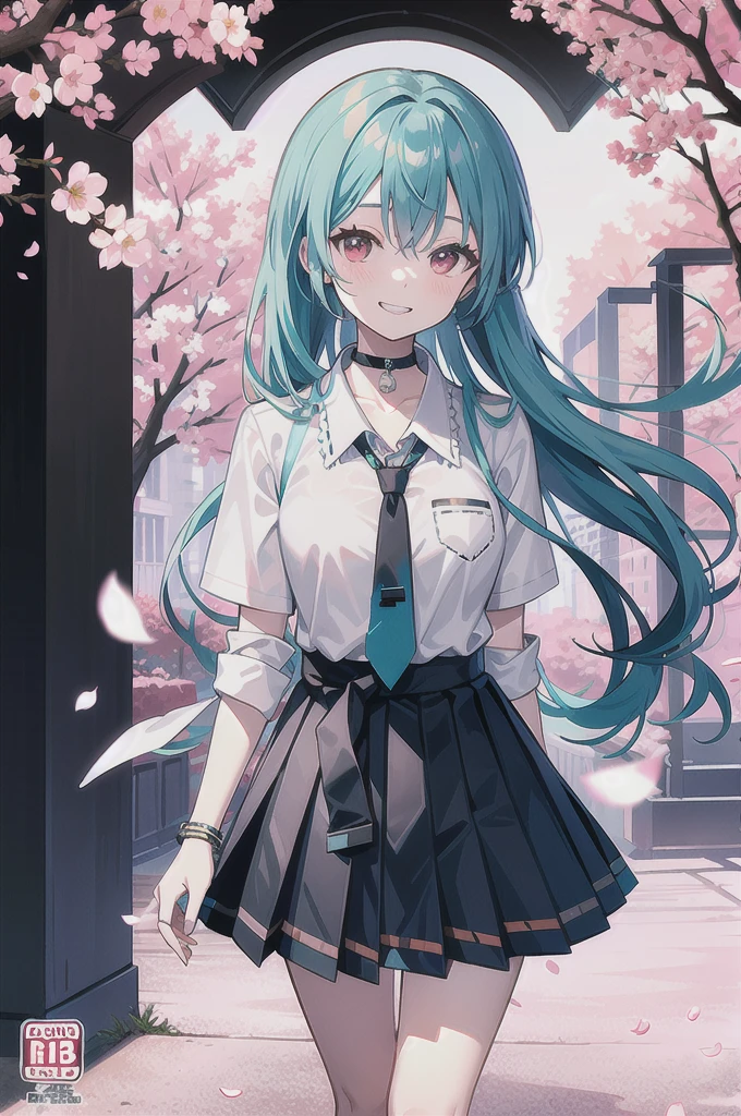 Hatsune miku,masterpiece, best quality,  full body,
1girl, bangs, black choker, black necktie, blue skirt, blush, bracelet, breasts, choker, clothes around waist, collarbone, collared shirt, cowboy shot, dress shirt, eyebrows visible through hair, gradient hair, grin, gyaru, jewelry, kogal, long hair, looking at viewer, loose necktie, necktie, plaid, plaid skirt, pleated skirt, red eyes, ring, , shirt, skirt, smile, solo, white shirt,
street, sky, cherry blossoms, petals,illustration, (magazine:1.3), (cover-style:1.3), fashionable, woman, vibrant, outfit, posing, front, colorful, dynamic, background,  elements, confident, expression, holding, statement, accessory, majestic, coiled, around, touch, scene, text, cover, bold, attention-grabbing, title, stylish, font, catchy, headline, larger, striking, modern, trendy, focus, fashion magazine cover