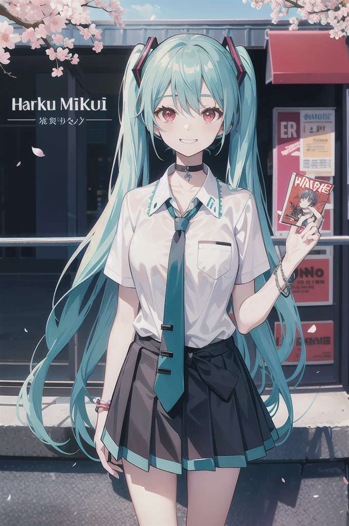 Hatsune miku,masterpiece, best quality,  full body,
1girl, bangs, black choker, black necktie, blue skirt, blush, bracelet, breasts, choker, clothes around waist, collarbone, collared shirt, cowboy shot, dress shirt, eyebrows visible through hair, gradient hair, grin, gyaru, jewelry, kogal, long hair, looking at viewer, loose necktie, necktie, plaid, plaid skirt, pleated skirt, red eyes, ring, , shirt, skirt, smile, solo, white shirt,
street, sky, cherry blossoms, petals,illustration, (magazine:1.3), (cover-style:1.3), fashionable, woman, vibrant, outfit, posing, front, colorful, dynamic, background,  elements, confident, expression, holding, statement, accessory, majestic, coiled, around, touch, scene, text, cover, bold, attention-grabbing, title, stylish, font, catchy, headline, larger, striking, modern, trendy, focus, fashion magazine cover
