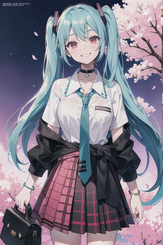 Hatsune miku,masterpiece, best quality, full body,
1girl, bangs, black choker, black necktie, blue skirt, blush, bracelet, breasts, choker, clothes around waist, collarbone, collared shirt, cowboy shot, dress shirt, eyebrows visible through hair, gradient hair, grin, gyaru, jewelry, kogal, long hair, looking at viewer, loose necktie, necktie, plaid, plaid skirt, pleated skirt, red eyes, ring, , shirt, skirt, smile, solo, white shirt,
street, sky, cherry blossoms, petals,illustration, (magazine:1.3), (cover-style:1.3), fashionable, woman, vibrant, outfit, posing, front, colorful, dynamic, background, elements, confident, expression, holding, statement, accessory, majestic, coiled, around, touch, scene, text, cover, bold, attention-grabbing, title, stylish, font, catchy, headline, larger, striking, modern, trendy, focus, fashion magazine cover