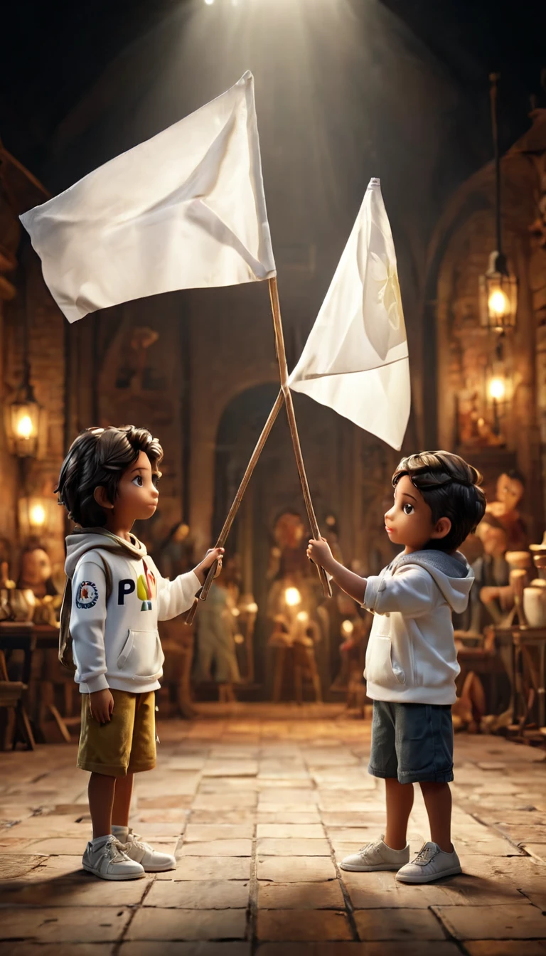 Cartoon characters exchanging a white flag in a humorous peace offering, holding a white flag, hyper realistic, ultra detailed hyper realistic, photorealistic, Studio Lighting, reflections, dynamic pose, Cinematic, Color Grading, Photography, Shot on 50mm lens, Ultra-Wide Angle, Depth of Field, hyper-detailed, beautifully color, 8k, golden light from the front,