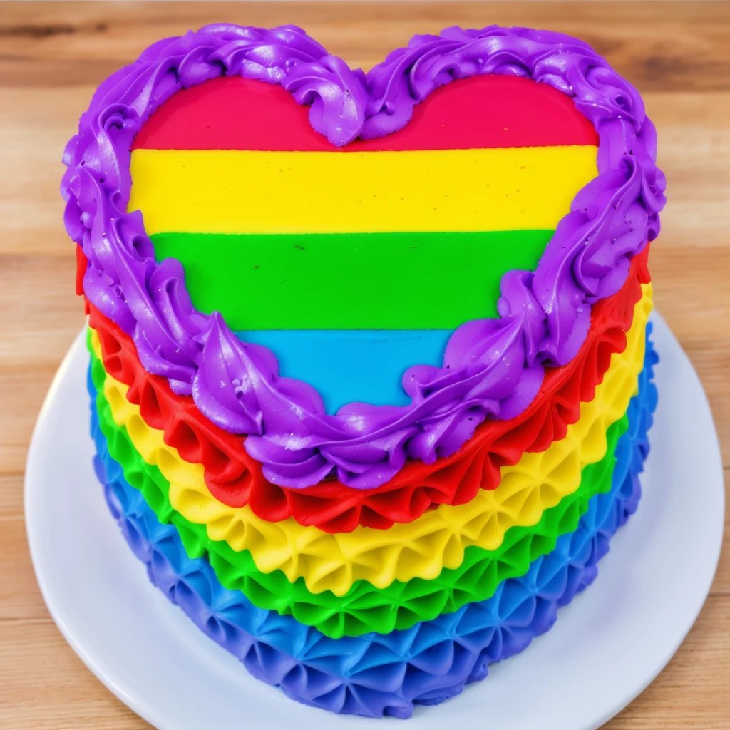 on a wooden table, there is a white plate with a heart cake , rainbow cream heart cake ( star shaped) , multi-colored heart on top, decorated with purple cream, cream with highlights, view from above, Beautiful light from the window, beautiful lighting, bright announcement, Multiple light sources, Realistic style, realistic textures, high quality, high detail, detailed textures, ultra 4k hd, macro photography
