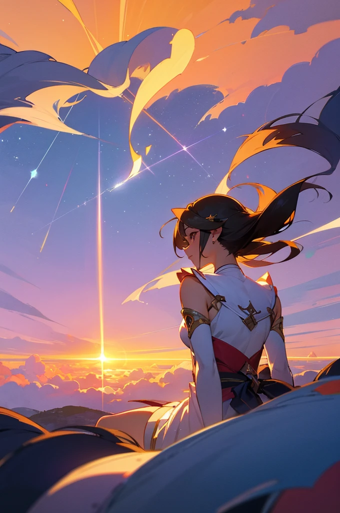 female、beautiful、goddess、evening、Above the Clouds、Back view、Sunset、shooting star