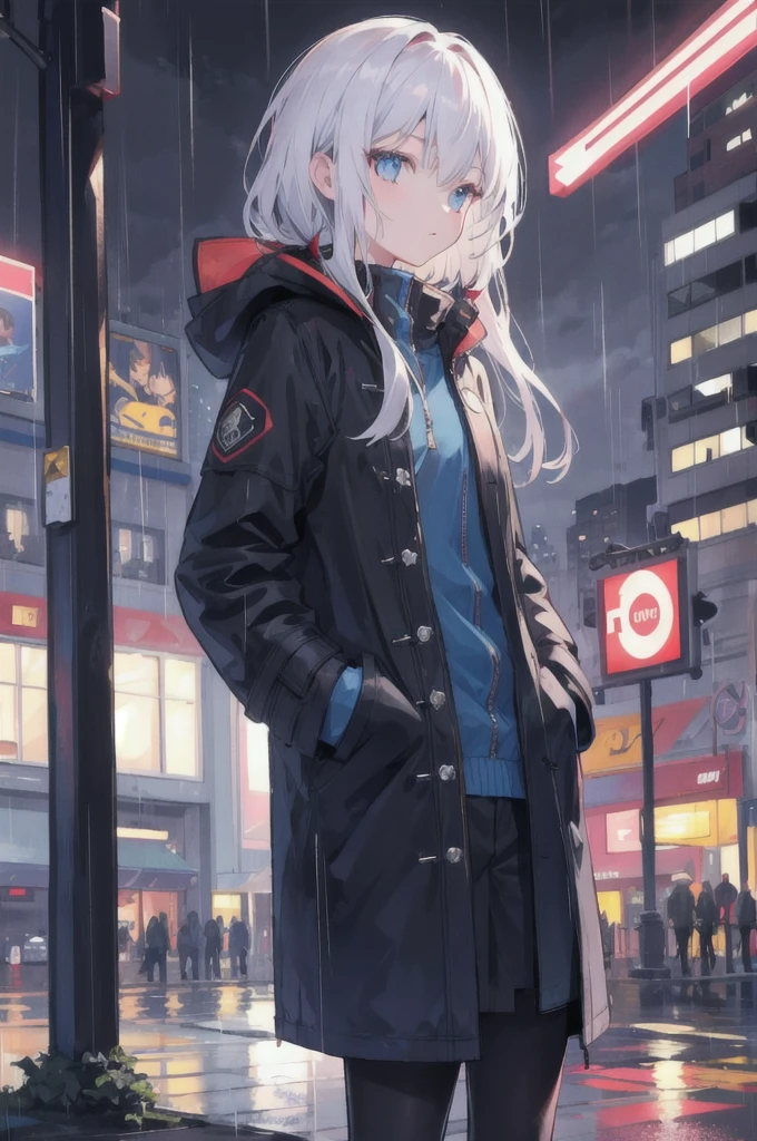 1girl,night city,rain,coat,hands in pockets
