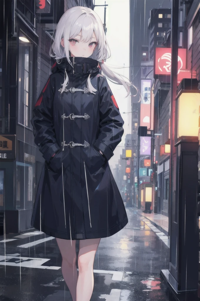 1girl,night city,rain,coat,hands in pockets