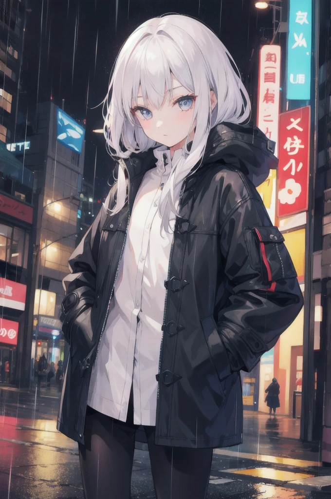 1girl,night city,rain,coat,hands in pockets