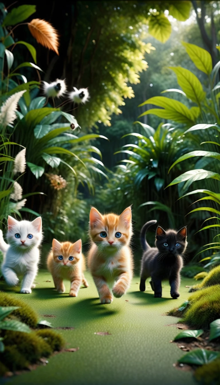 Visualize a lush, green jungle with dense foliage and tall trees. In the foreground, three kittens are playfully chasing each other. Whiskers, the orange tabby with bright green eyes, leads the chase. Midnight, the sleek black kitten with piercing yellow eyes, follows closely behind. Snowflake, the fluffy white kitten with blue eyes, is bringing up the rear.