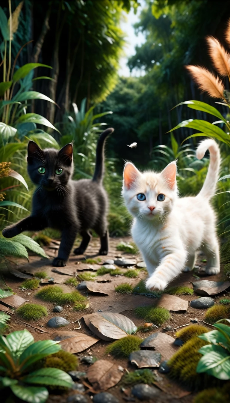 Visualize a lush, green jungle with dense foliage and tall trees. In the foreground, three kittens are playfully chasing each other. Whiskers, the orange tabby with bright green eyes, leads the chase. Midnight, the sleek black kitten with piercing yellow eyes, follows closely behind. Snowflake, the fluffy white kitten with blue eyes, is bringing up the rear.